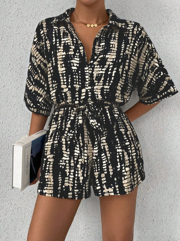 Tie Dye Print Collar Neck Short Sleeve Romper