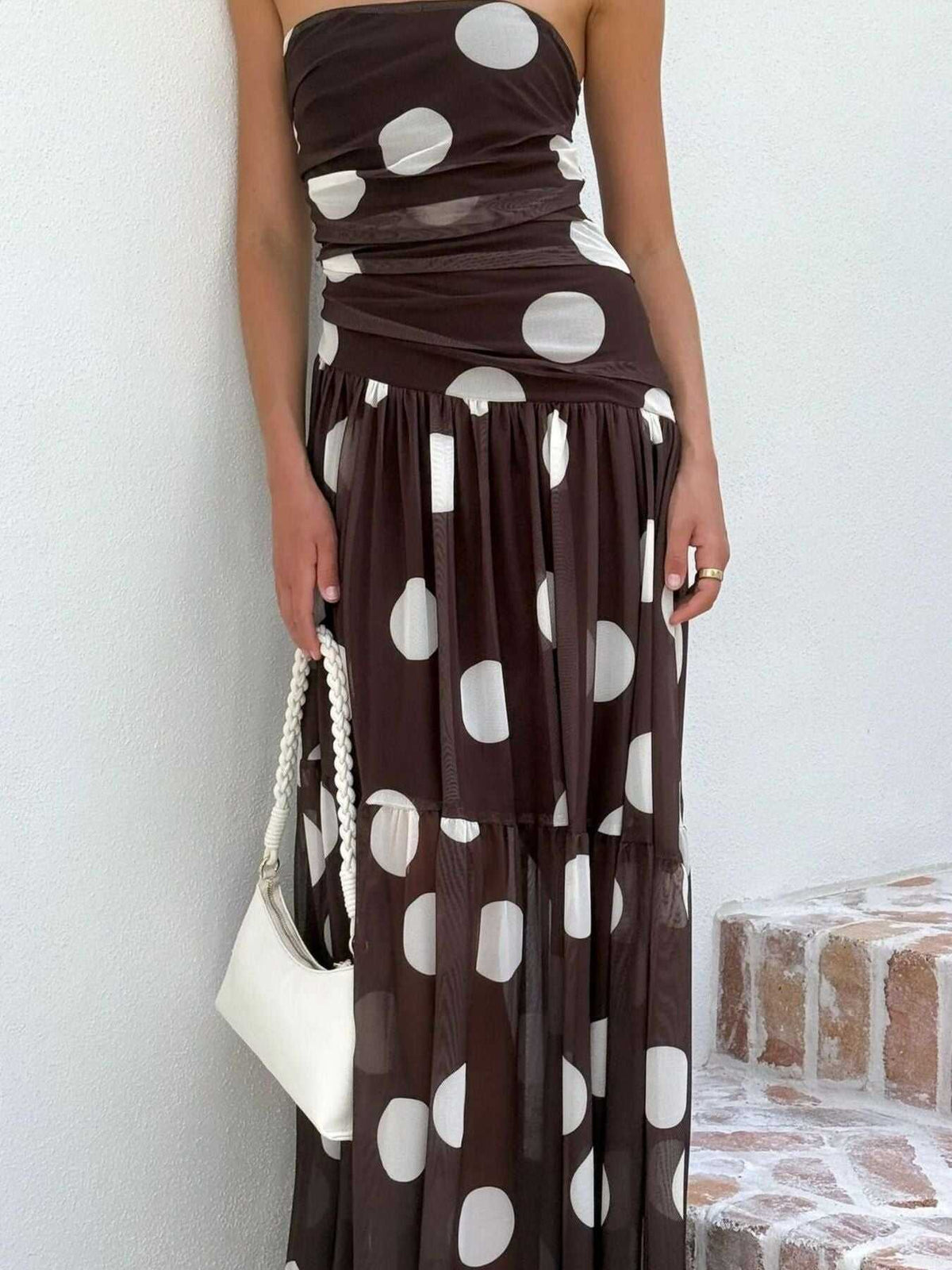 Polka Dot Strapless Ruched Maxi Dress 100100889786131 50 Affordable Fashion Under $100 Jerry's Apparel 