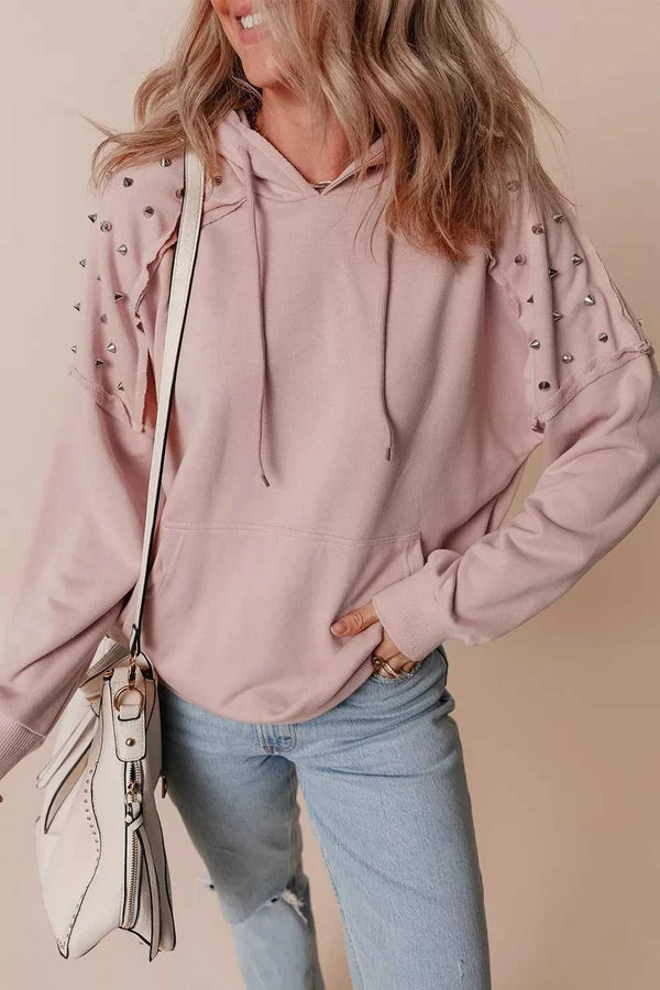 Drawstring Studded Shoulder Hoodie