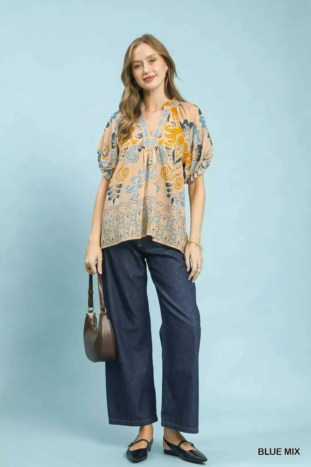 Umgee Border Print Puff Sleeve V-Neck Blouse 100100982111537 49 Affordable Fashion Under $100 Jerry's Apparel 
