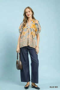 Umgee Border Print Puff Sleeve V-Neck Blouse 100100982111537 49 Affordable Fashion Under $100 Jerry's Apparel 