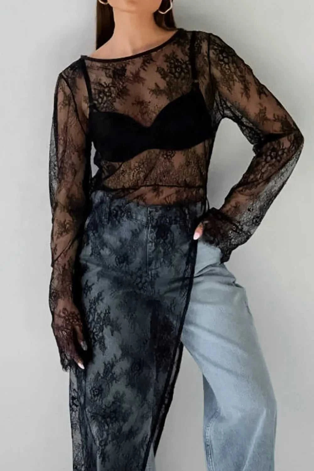 Fringe Round Neck Long Sleeve Lace Sheer Top 100100224601038 26 Affordable Fashion Under $100 Jerry's Apparel 