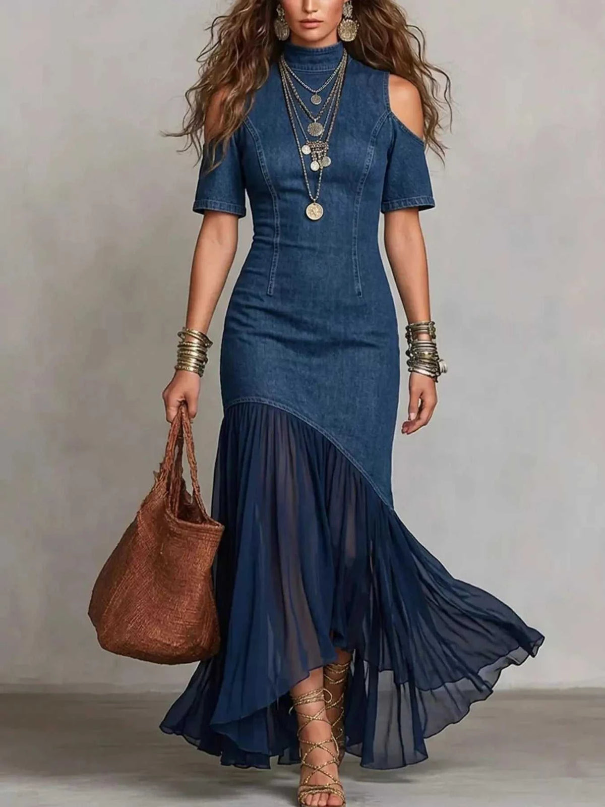 Mock Neck Cold Shoulder Ruffle Hem Maxi Dress 100100582531740 50 Affordable Fashion Under $100 Jerry's Apparel 