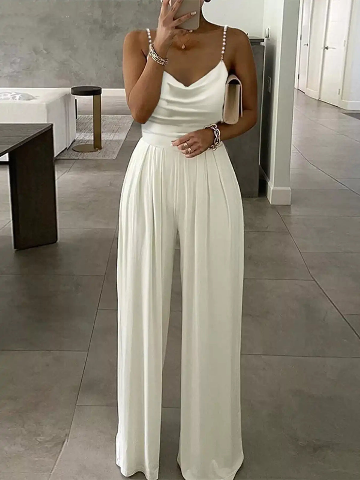 Cowl Neck Jumpsuit with Pearl Strap Detail 101001344414425 39 Affordable Fashion Under $100 Jerry's Apparel 