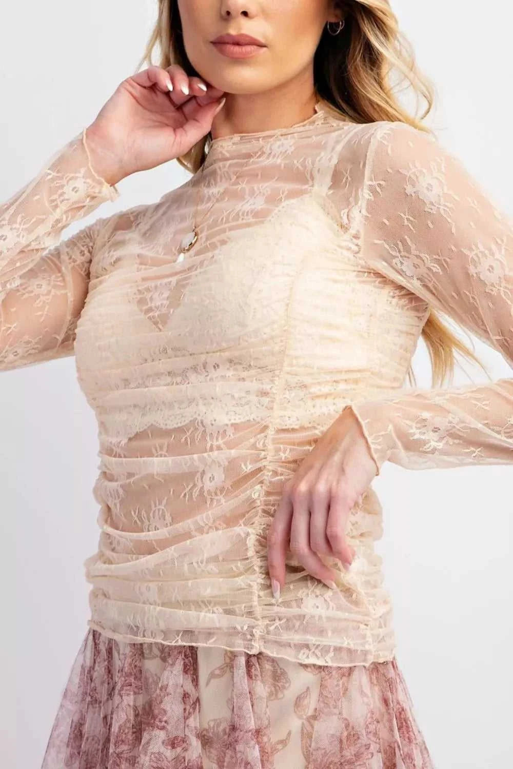 Sheer Floral Mesh Ruched Long Sleeve Top 100100354230710 33 Affordable Fashion Under $100 Jerry's Apparel 