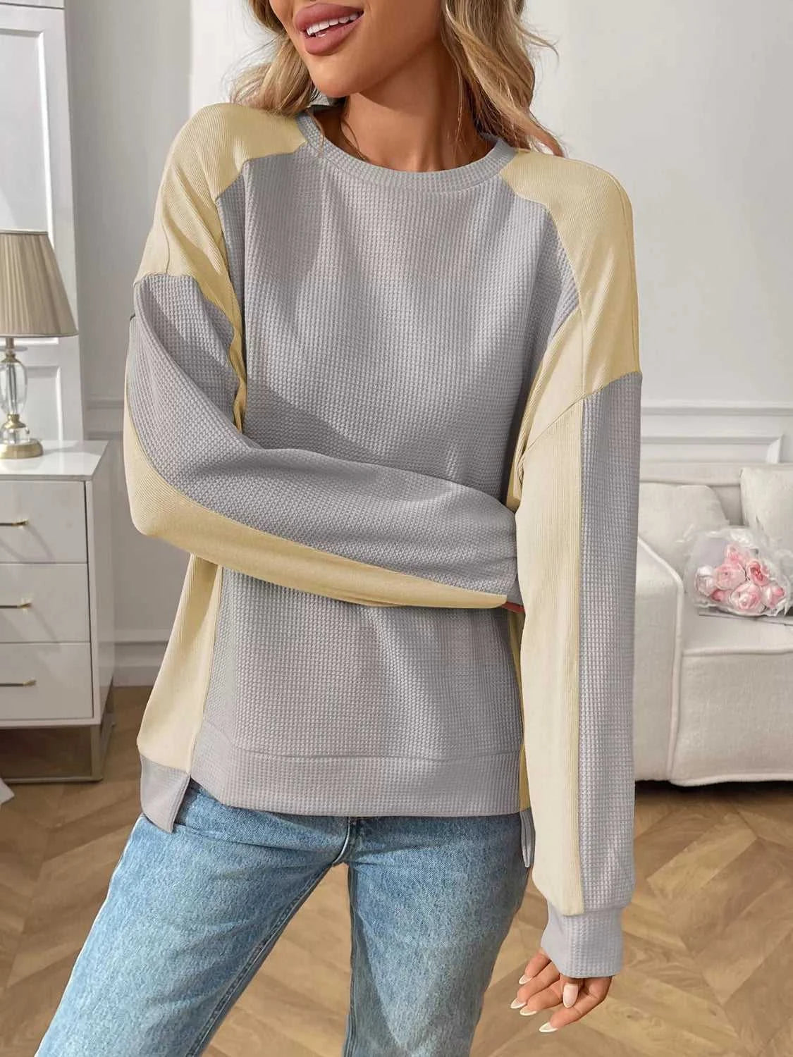 Color Block Waffle Knit Long Sleeve T-Shirt 100100404511401 37 Affordable Fashion Under $100 Jerry's Apparel 