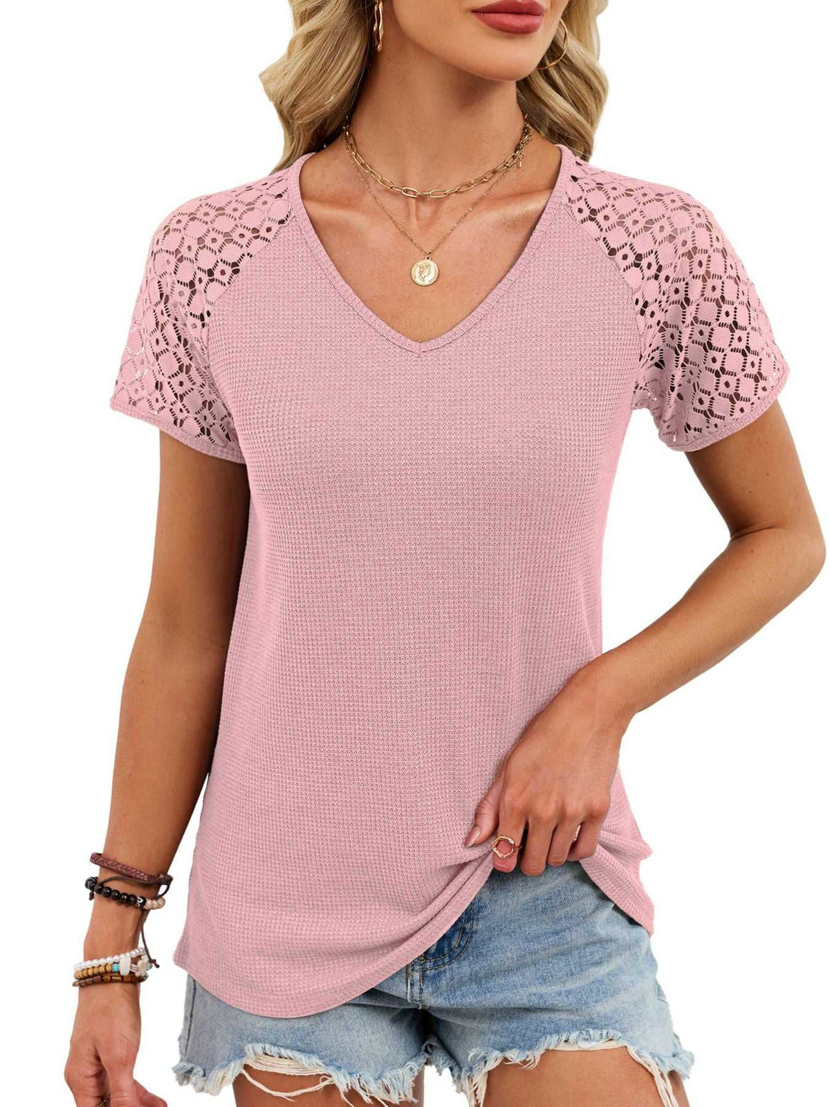 Lace Sleeve V-Neck Waffle Knit T-Shirt 100100150990299 25 Affordable Fashion Under $100 Jerry's Apparel 