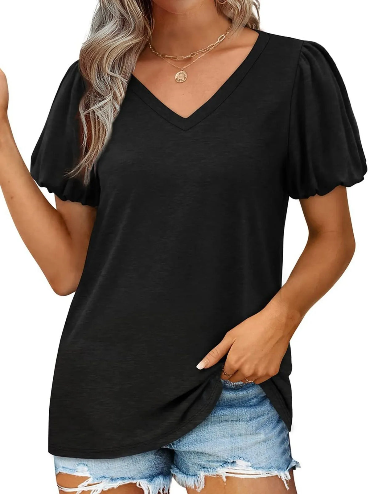 V-Neck Puff Sleeve Casual T-Shirt