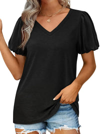 V-Neck Puff Sleeve Casual T-Shirt