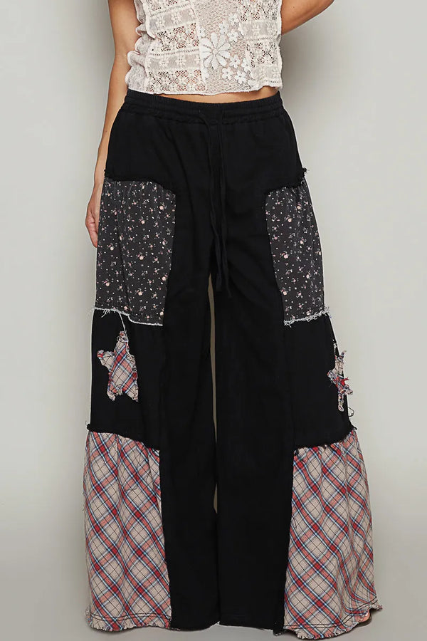 POL Drawstring Star Patch Contrast Wide Leg Pants