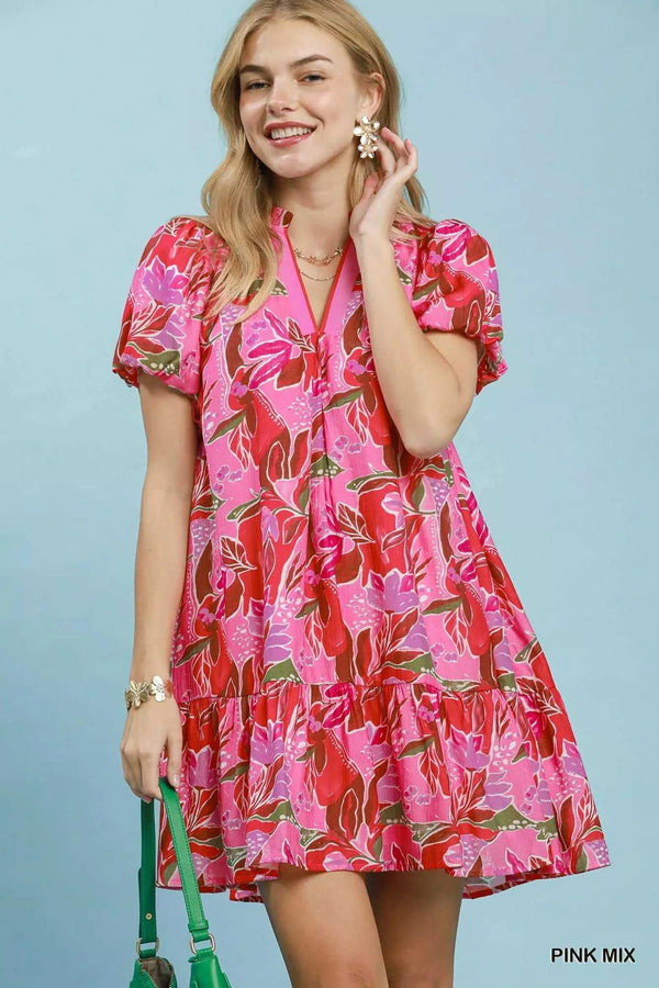Umgee Tropical Floral Puff Sleeve Tiered Mini Dress 100100108761688 64 Affordable Fashion Under $100 Jerry's Apparel 