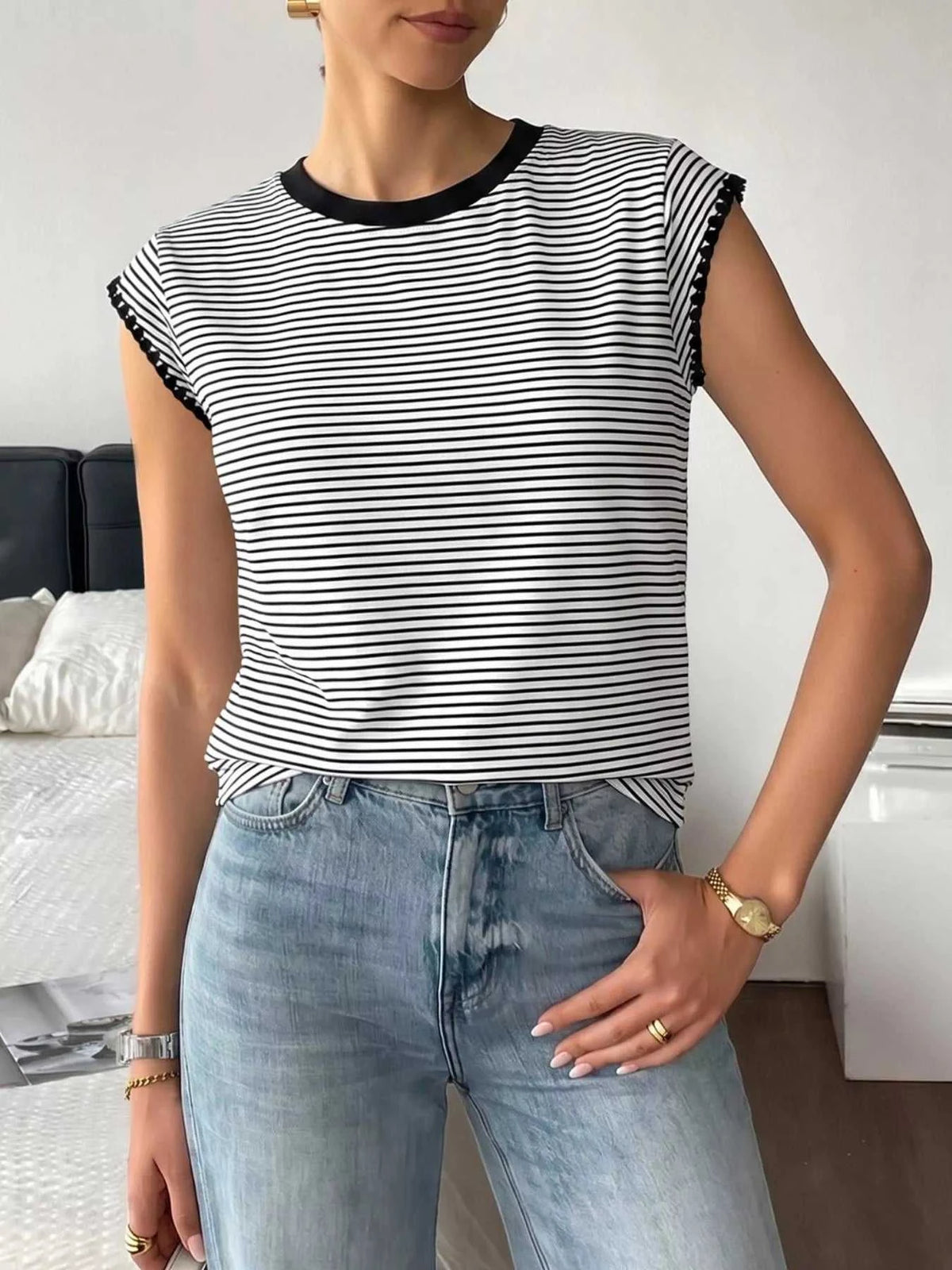 Classic Striped Crew Neck T-Shirt 100100609256431 26 Women's T-shirts Affordable Fashion Under $100 Jerry's Apparel 