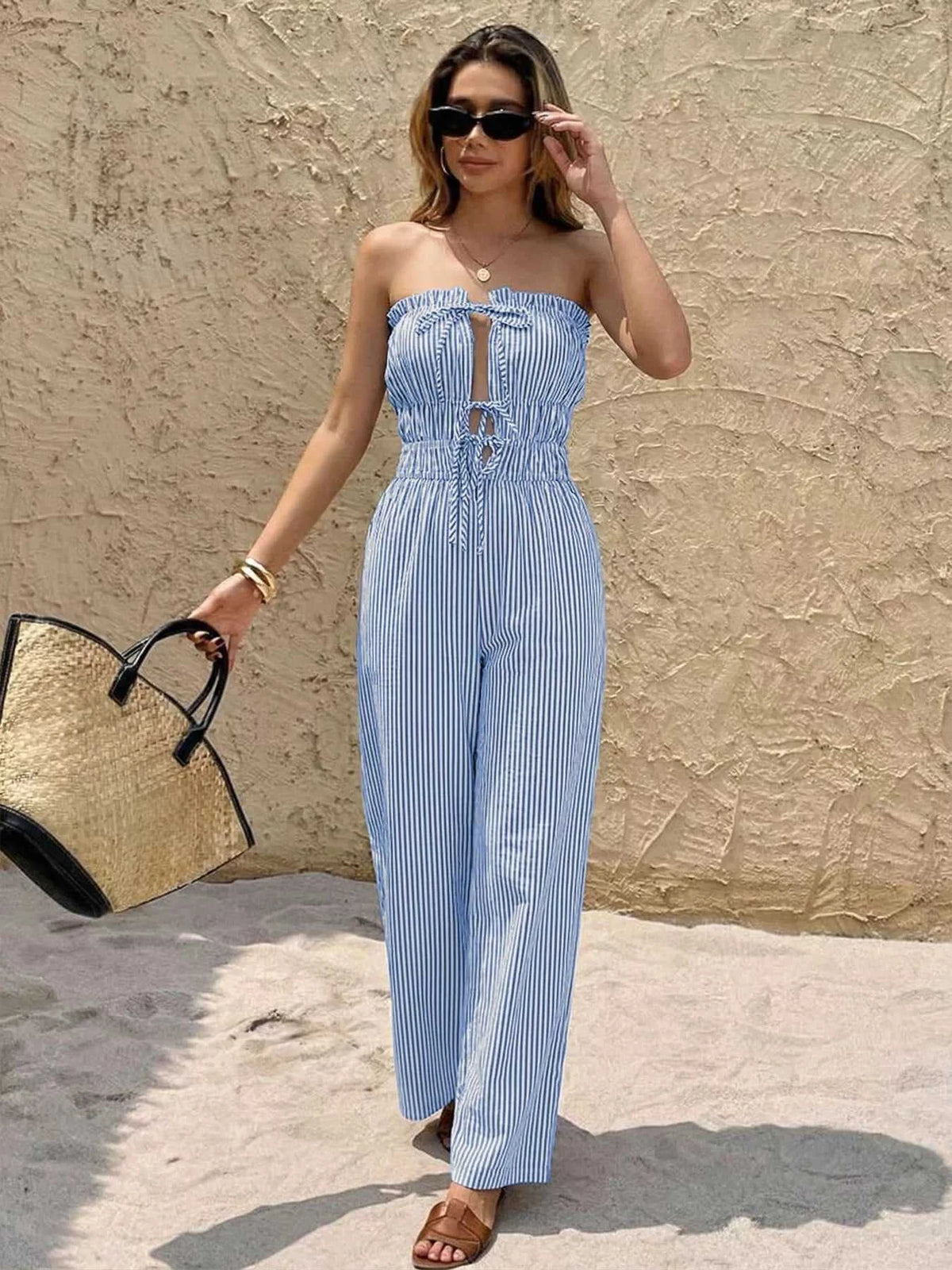 Striped Strapless Tie Front Wide Leg Jumpsuit 100100534610280 39 Affordable Fashion Under $100 Jerry's Apparel 