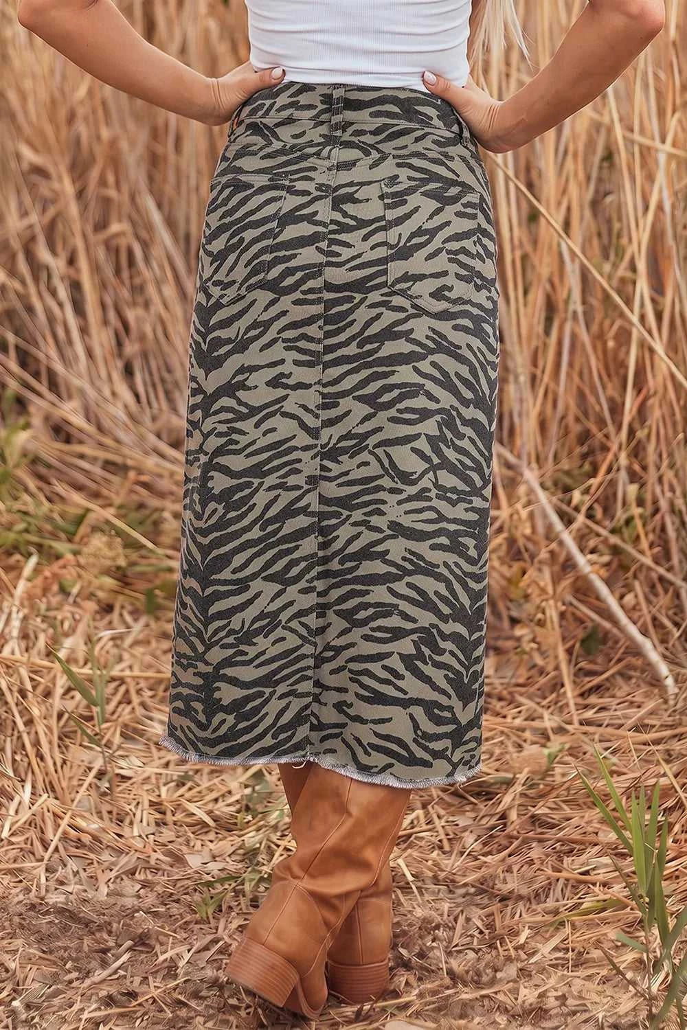Leopard Print Side Split Frayed Hem Denim Midi Skirt 101003836120816 52 Affordable Fashion Under $100 Jerry's Apparel 