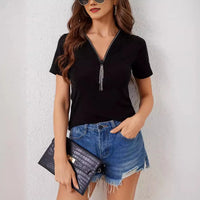 Rhinestone Zipper Short Sleeve T-shirt