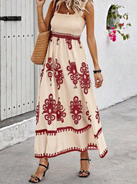 Smocked Printed Wide Strap Maxi Dress
