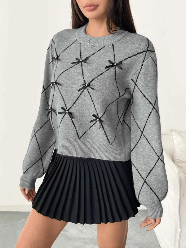 Diamond Pattern Bow Detail Sweater 100100853557523 64 Affordable Fashion Under $100 Jerry's Apparel 