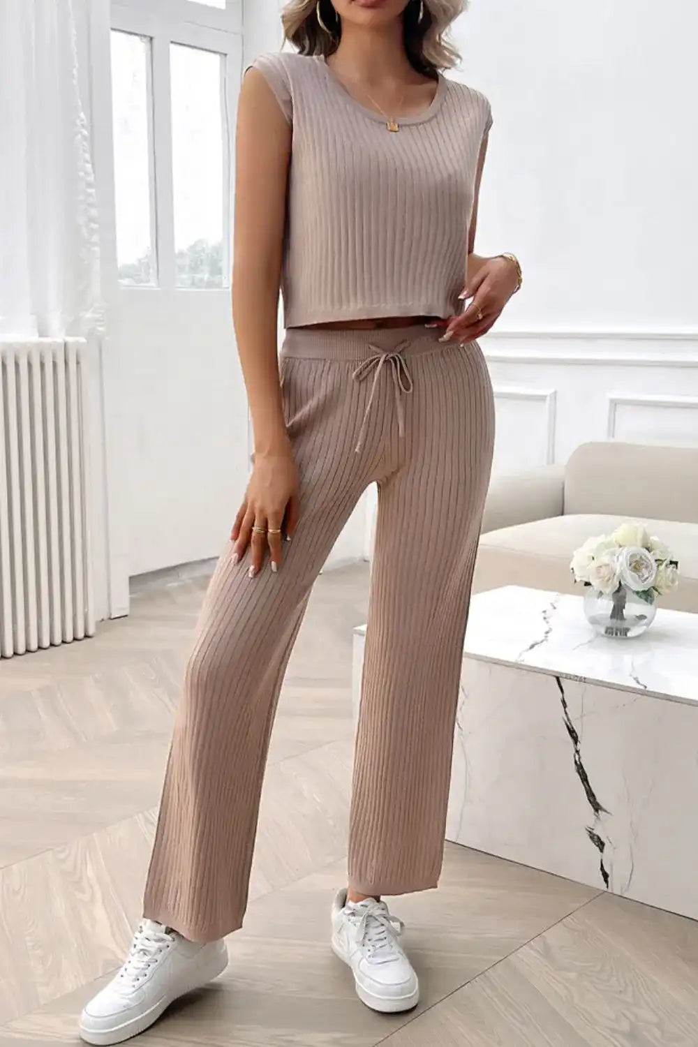 Devine Ribbed Round Neck Top and Pants Set 100100643541406 76 Affordable Fashion Under $100 Jerry's Apparel 