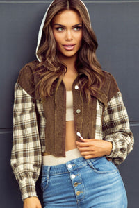 Raw Hem Plaid Cropped Hooded Jacket