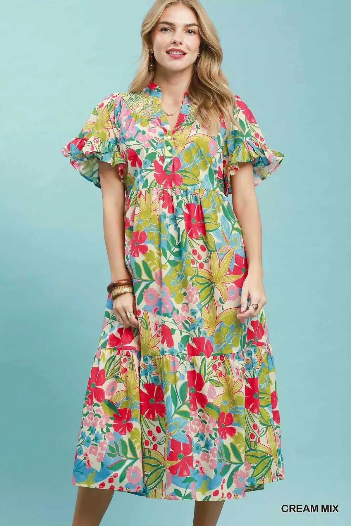 Umgee Tropical Floral Ruffle Sleeve Tiered Midi Dress 100100608541744 64 Affordable Fashion Under $100 Jerry's Apparel 