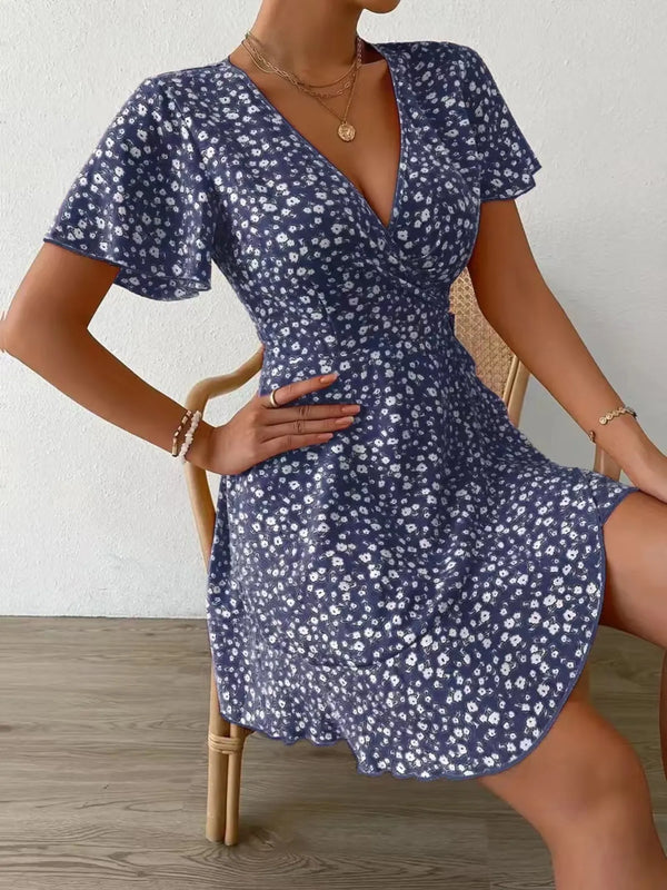 Floral Flutter Sleeve Wrap Mini Dress
