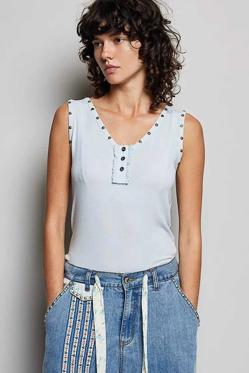 POL Studded Trim Button-Front Ruffle Detail Tank 100100880171752 43 Affordable Fashion Under $100 Jerry's Apparel 