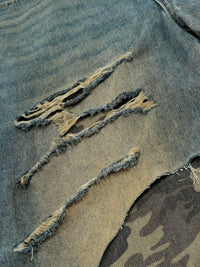 Men's Distressed Camo Patchwork Denim Shorts