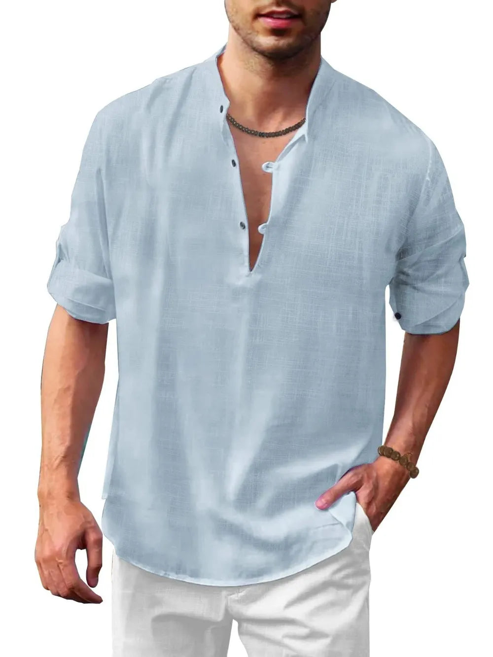 Men's Full Size Button Detail Roll-Tab Sleeve Top Plus Size