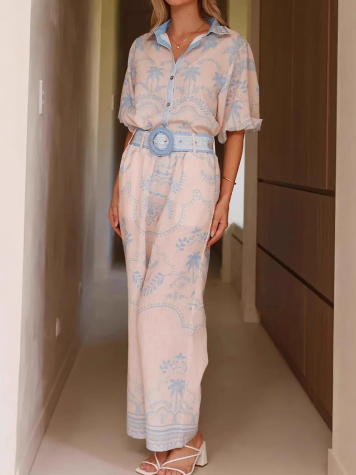 Printed Button Up Shirt and Pants Set