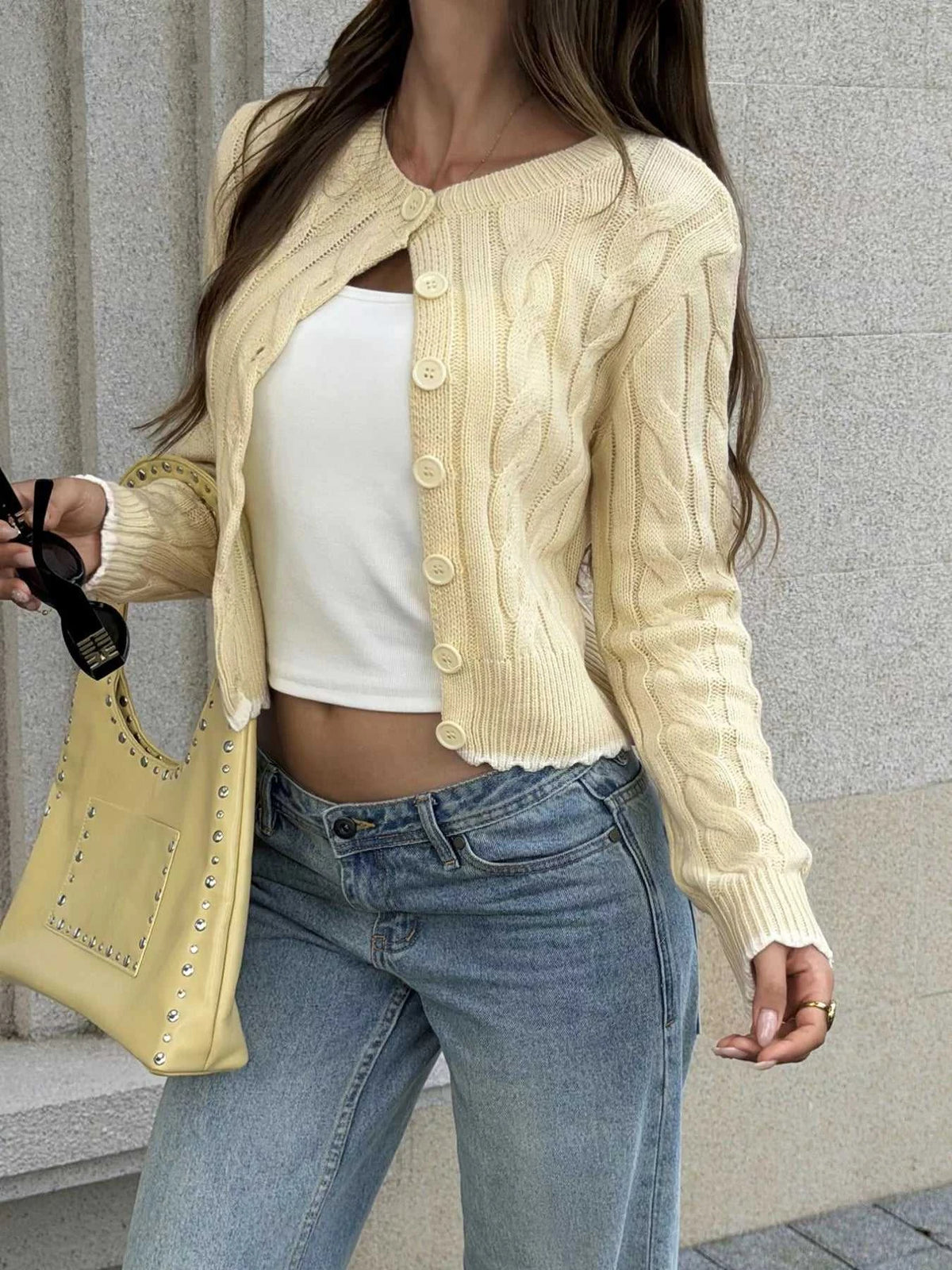 Cable Knit Button-Down Cropped Cardigan 101002376611851 51 Affordable Fashion Under $100 Jerry's Apparel 