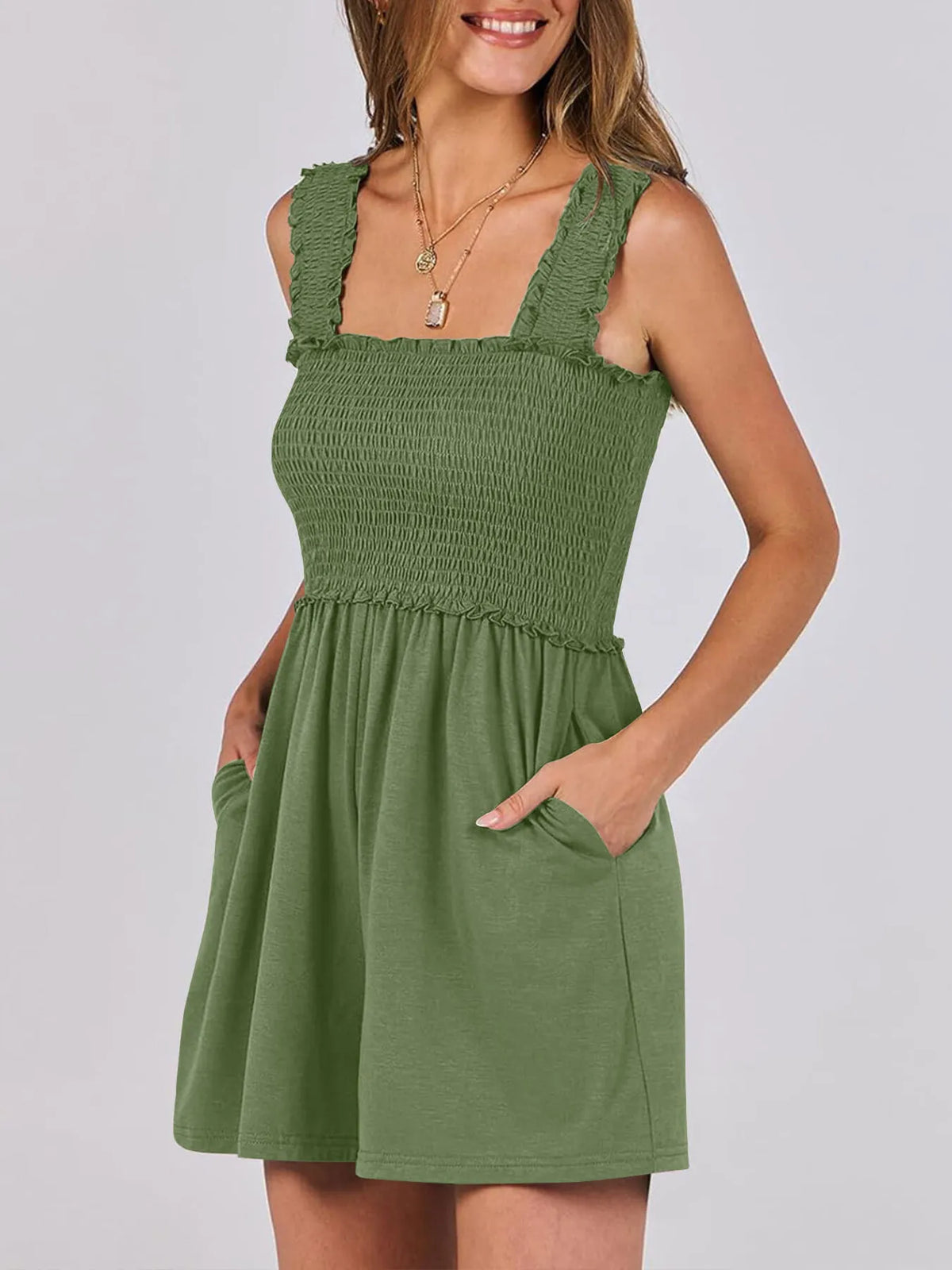 Smocked Square Neck Sleeveless Romper