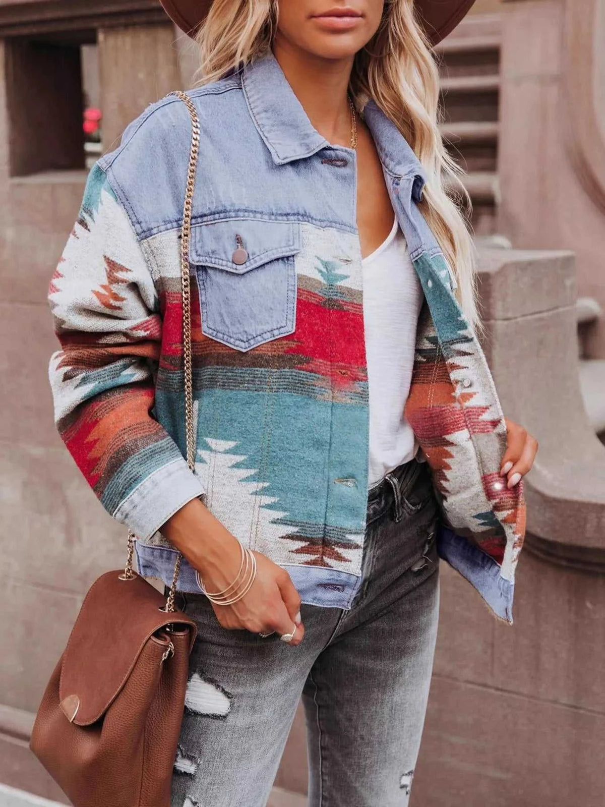 Geometric Print Denim Jacket 100100741713298 68 Affordable Fashion Under $100 Jerry's Apparel 