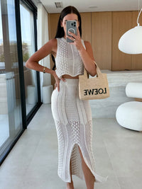 Openwork Round Neck Top and Slit Skirt Sweater Set
