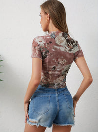 Abstract Print Ruffled Mock Neck Crop T-Shirt