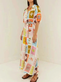 Colorful Print Tie Waist Maxi Shirt Dress