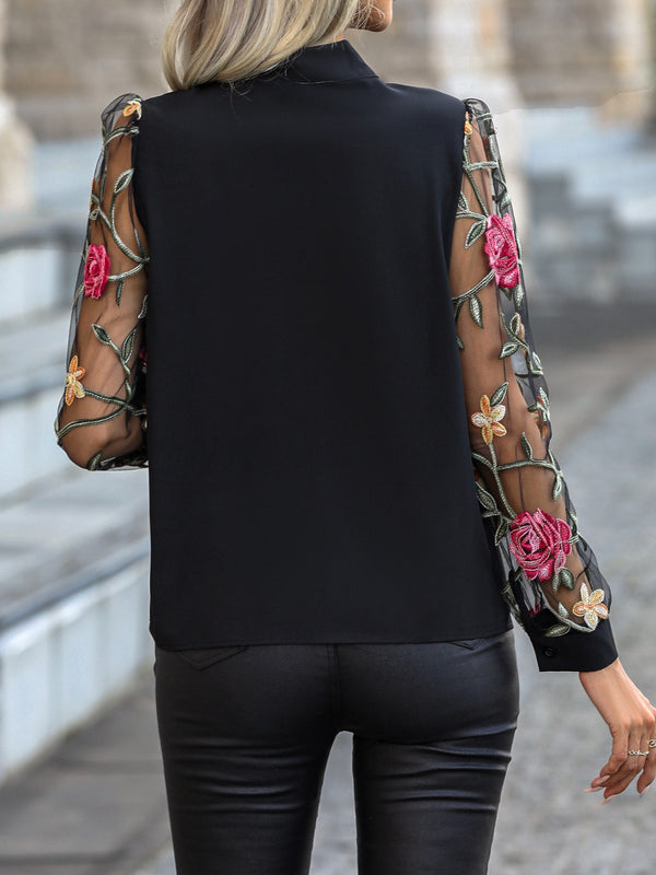 Honey Printed Tie Neck Long Sleeve Blouse