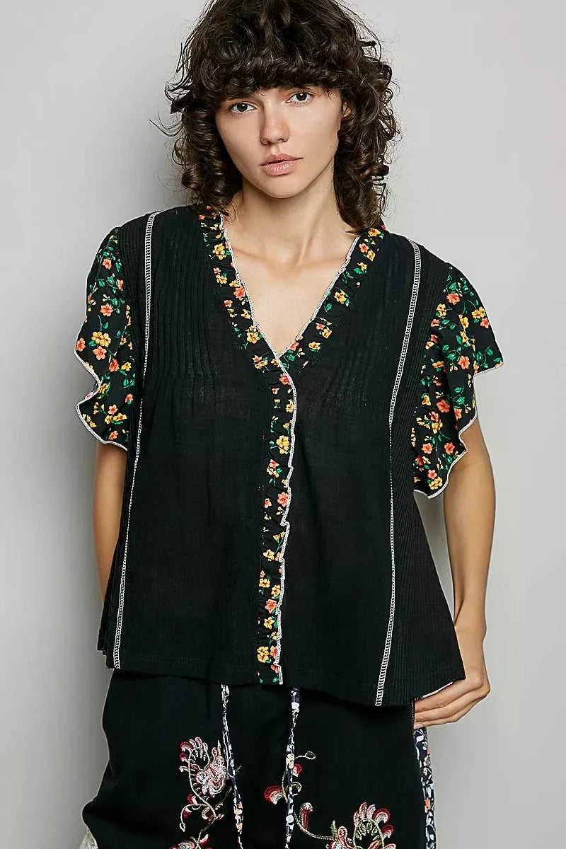 POL V-Neck Floral Ruffle Sleeve Blouse 100100425521064 62 Affordable Fashion Under $100 Jerry's Apparel 