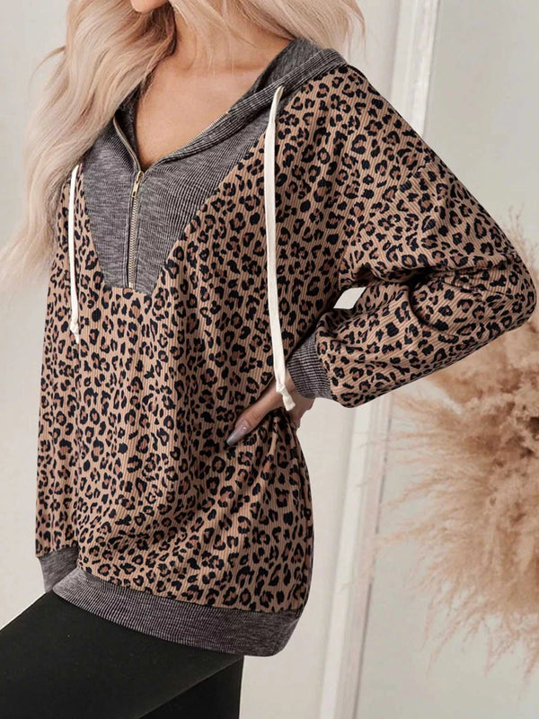 Ribbed Leopard Print Contrast Collar Zip Hoodie