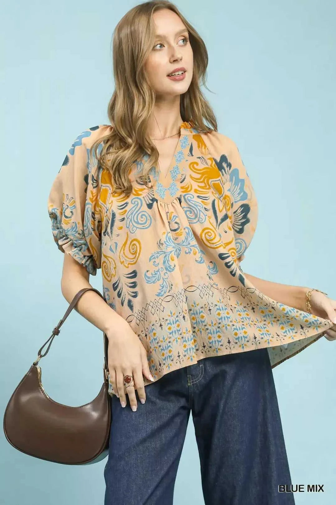 Umgee Border Print Puff Sleeve V-Neck Blouse 100100982111537 49 Affordable Fashion Under $100 Jerry's Apparel 