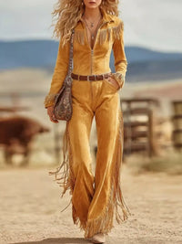Western-Inspired Suede Fringe Jumpsuit with Zipper Front 101001816783054 101 Birthday Outfit Ideas Jerry's Apparel 