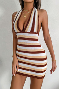 Striped Halter Neck Backless Knit Mini Dress