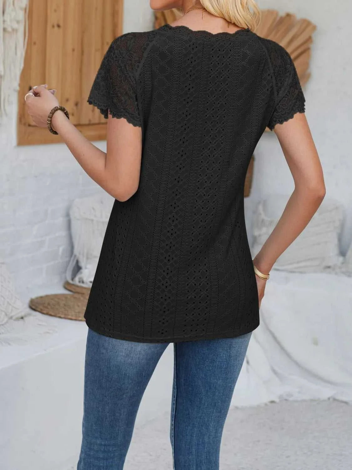 Eyelet Lace Detail V-Neck Short Sleeve Top 100100643487058 23 Affordable Fashion Under $100 Jerry's Apparel 