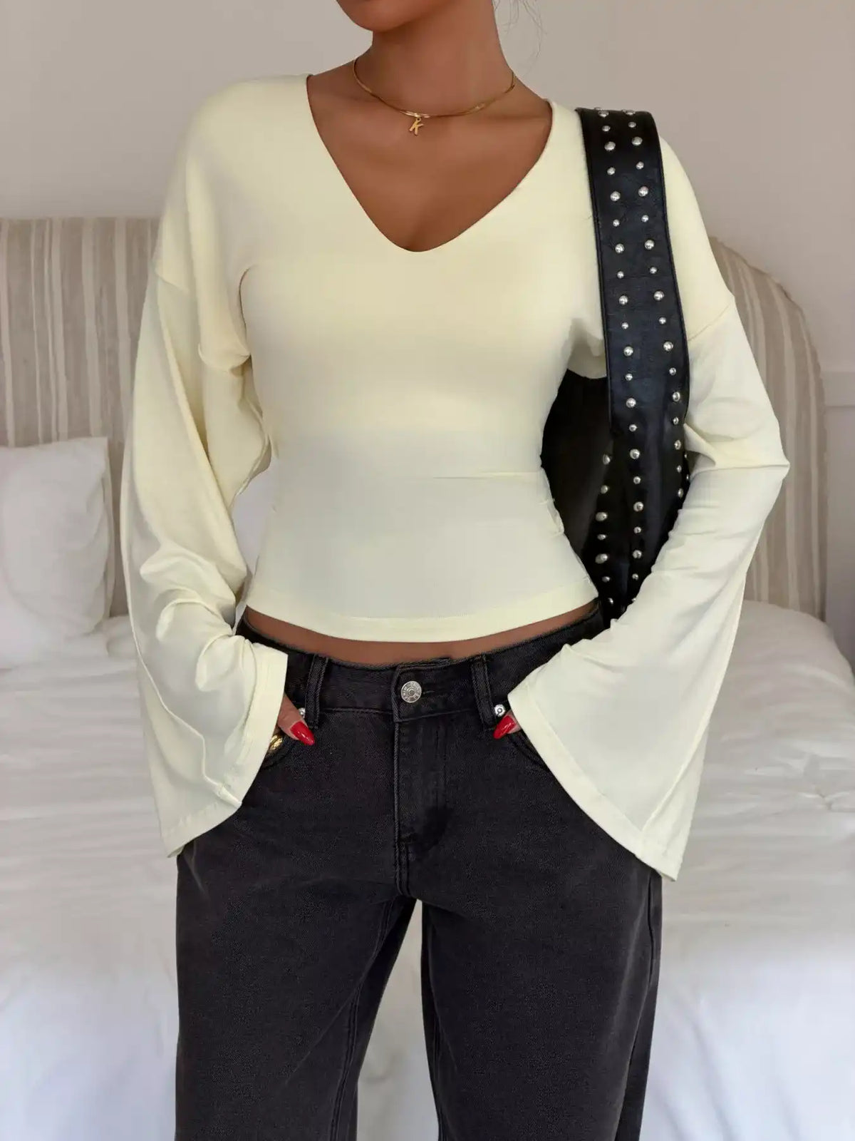 V-Neck Flare Sleeve T-Shirt 101001428330908 33 Affordable Fashion Under $100 Jerry's Apparel 