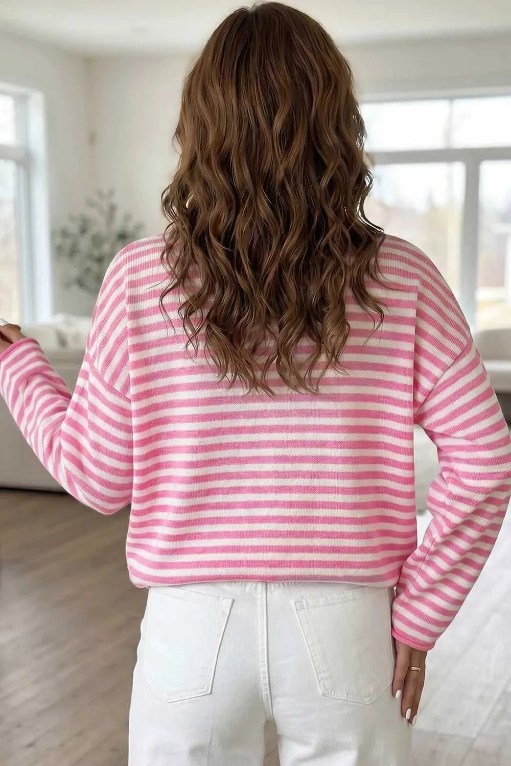 Striped Button Placket Drop Shoulder Long Sleeve Sweater 100100966141645 48 Women's Sweaters and Knitwear Jerry's Apparel 