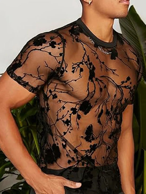 Men's Full Size Round Neck Short Sleeve Sheer Top Plus Size