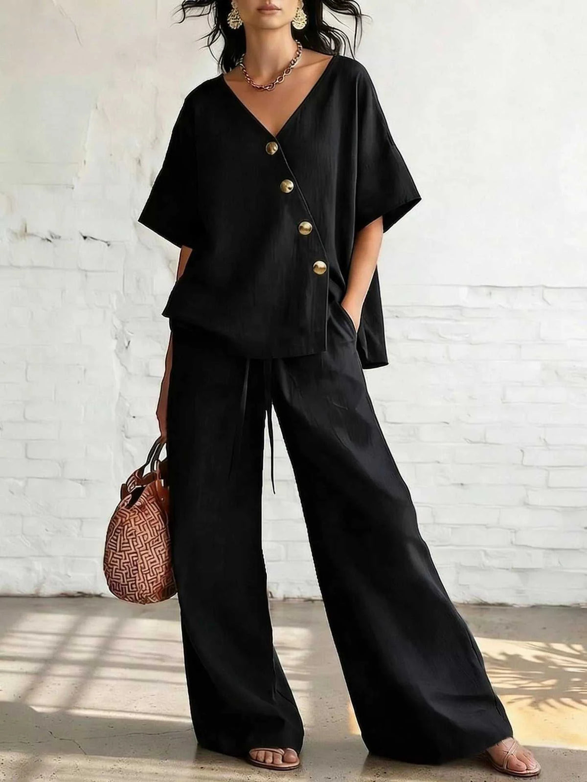 Full Size Surplice Half Sleeve Top and Wide-Leg Pants Set Plus Size 100100693330710 43 Affordable Fashion Under $100 Jerry's Apparel 