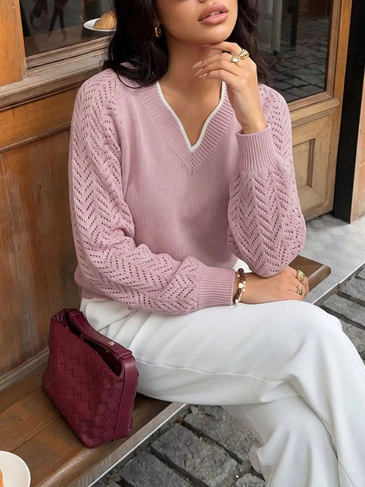 V-Neck Openwork Long Sleeve Sweater 100100123464940 41 Affordable Fashion Under $100 Jerry's Apparel 