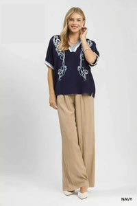 Umgee Embroidered Floral V-Neck Short Sleeve Blouse with Contrast Trim 100100813681836 53 Affordable Fashion Under $100 Jerry's Apparel 