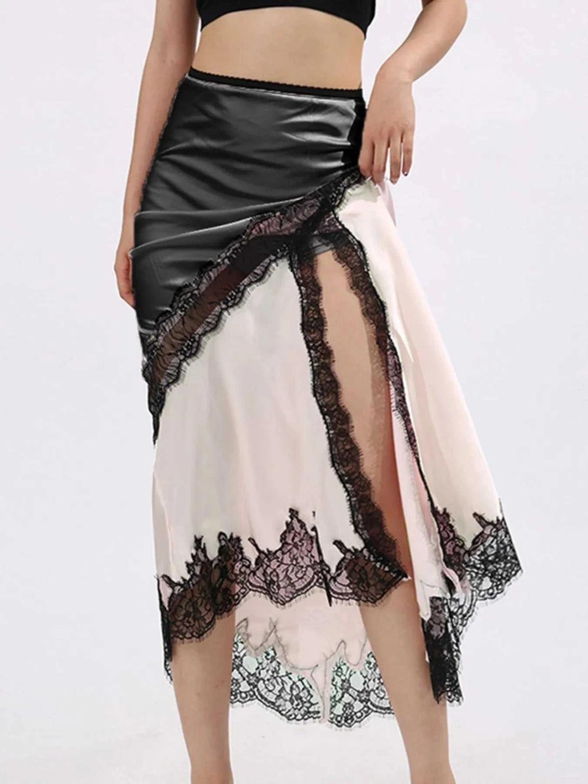 Lace Trim Asymmetrical Midi Skirt 100100647329706 101 Jerry's Apparel 