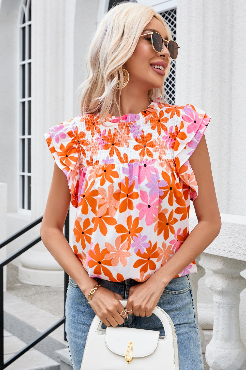 Printed Round Neck Cap Sleeve Blouse